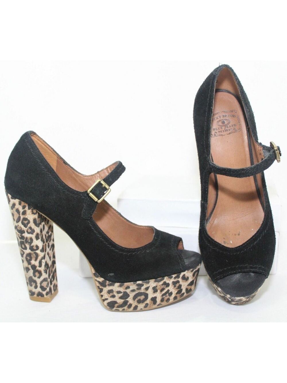 Lucky Brand Neece Womens 7M Black Peep Toe Suede Platform Hi Heels Leopard Print